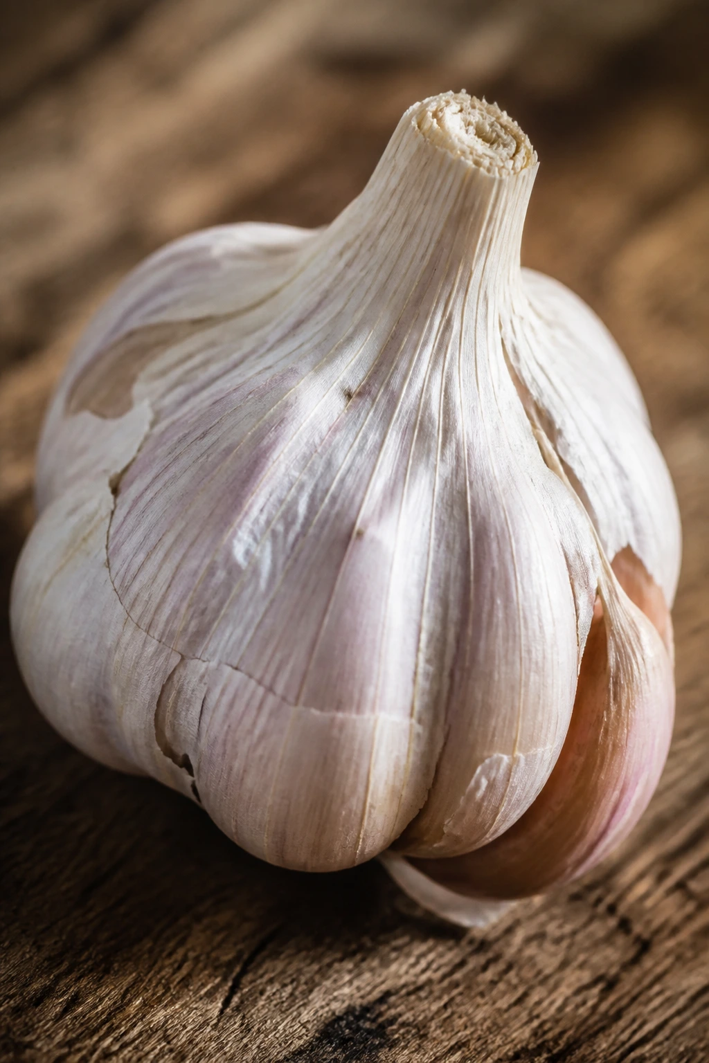 Close-up of a single garlic bulb on a wooden cutting board in warm kitchen light