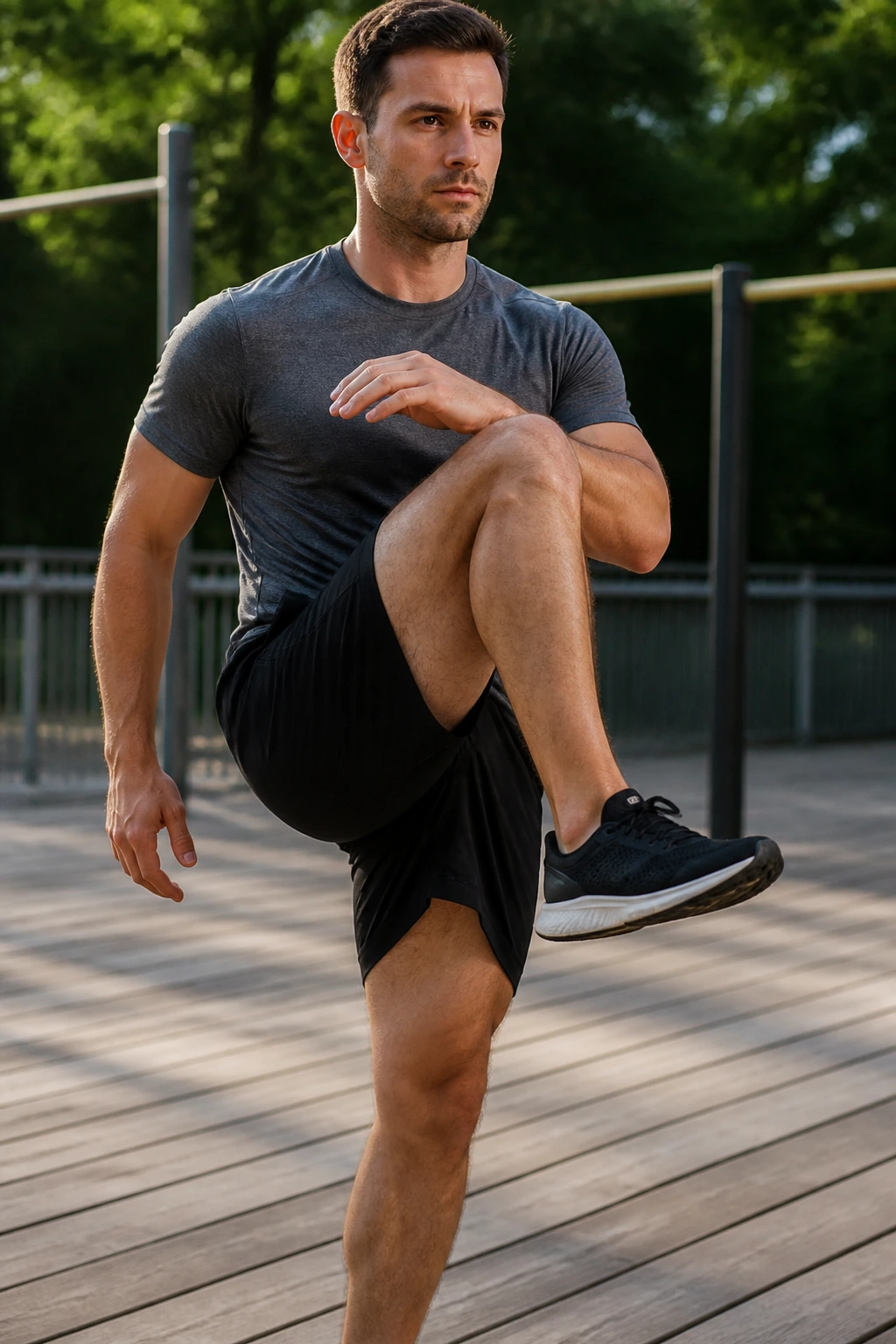 Medium close-up of hip mobility gate opener performed outdoors