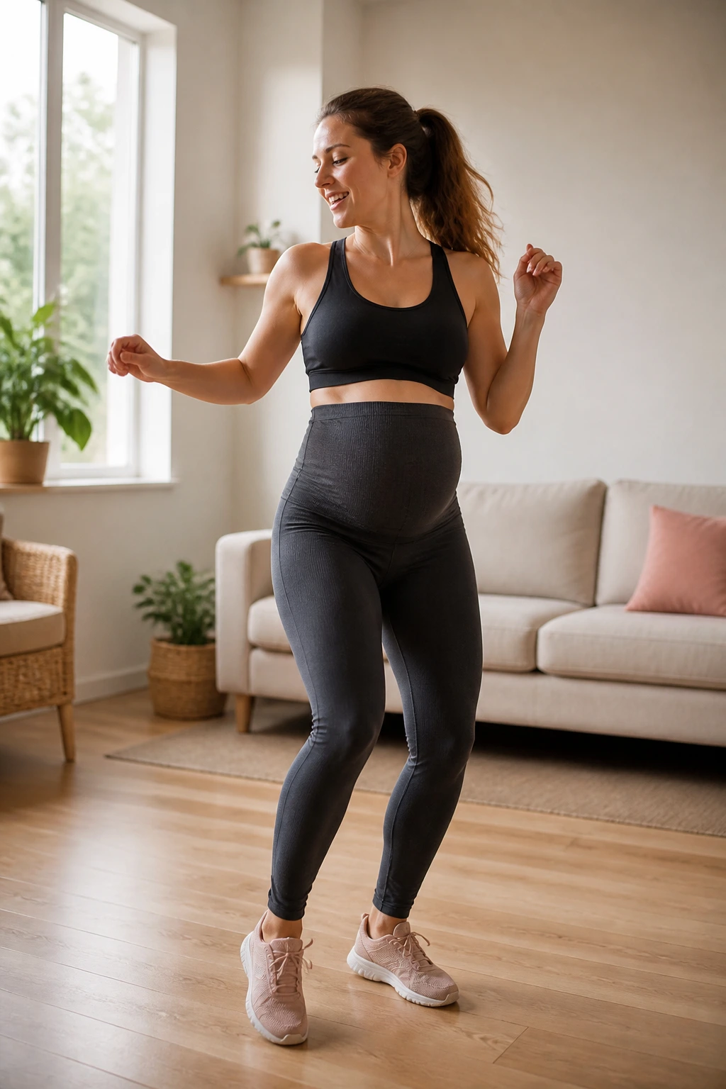 Pregnant woman dancing gently in bright living room