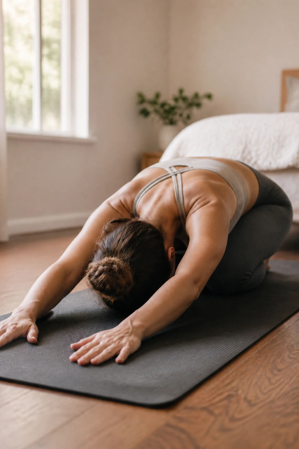 Real woman in Child's Pose on a yoga mat in a cozy morning bedroom