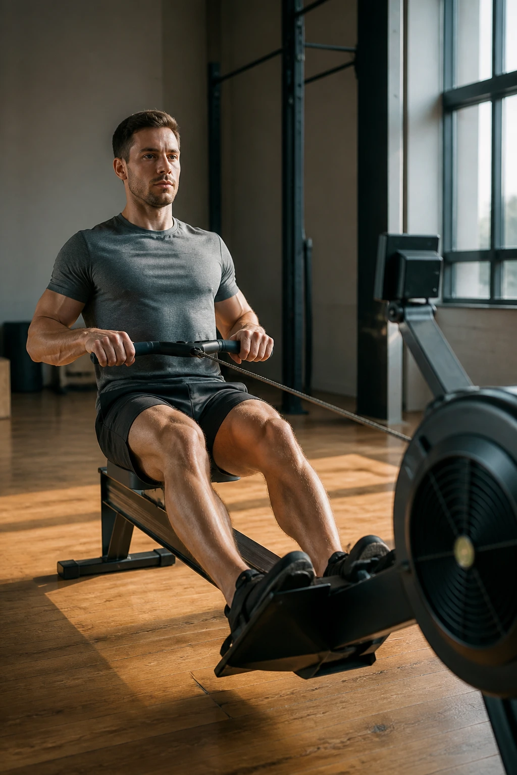 Person on rowing machine in a quiet gym