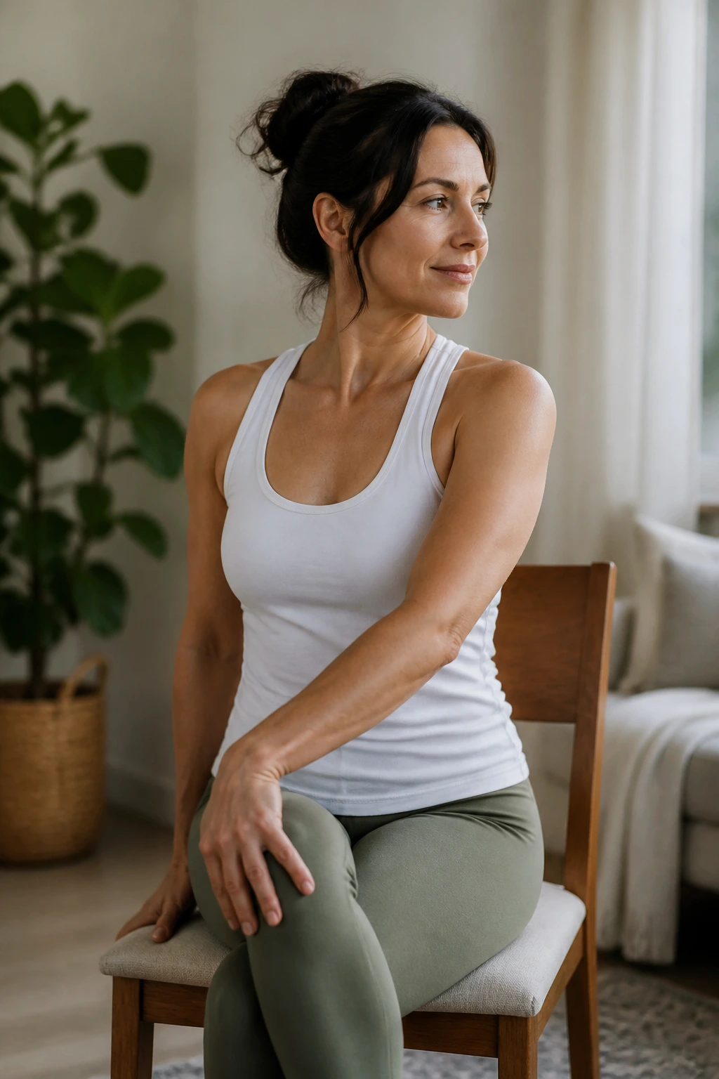 Person seated in chair performing a gentle torso twist for digestion