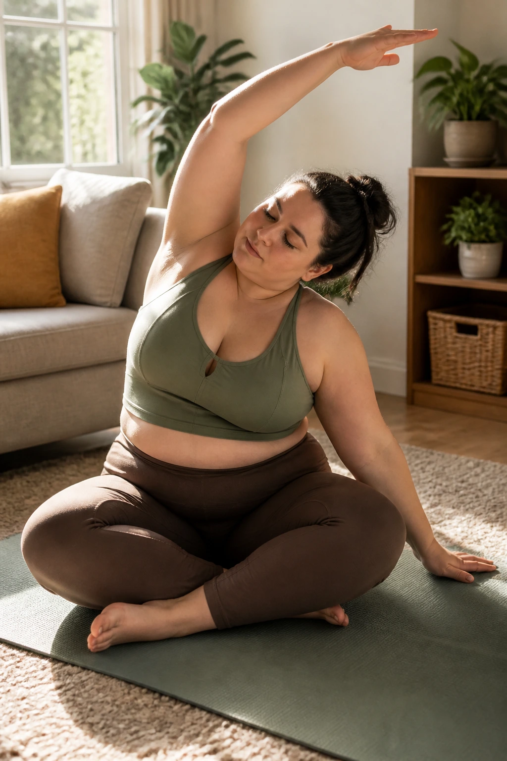 Medium close-up of a person practicing a gentle yoga flow in a sunny living room