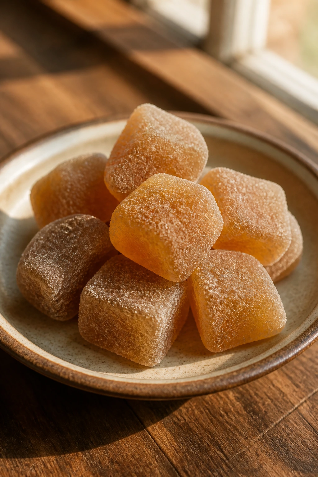 Close-up of ginger chews on a simple plate in warm light