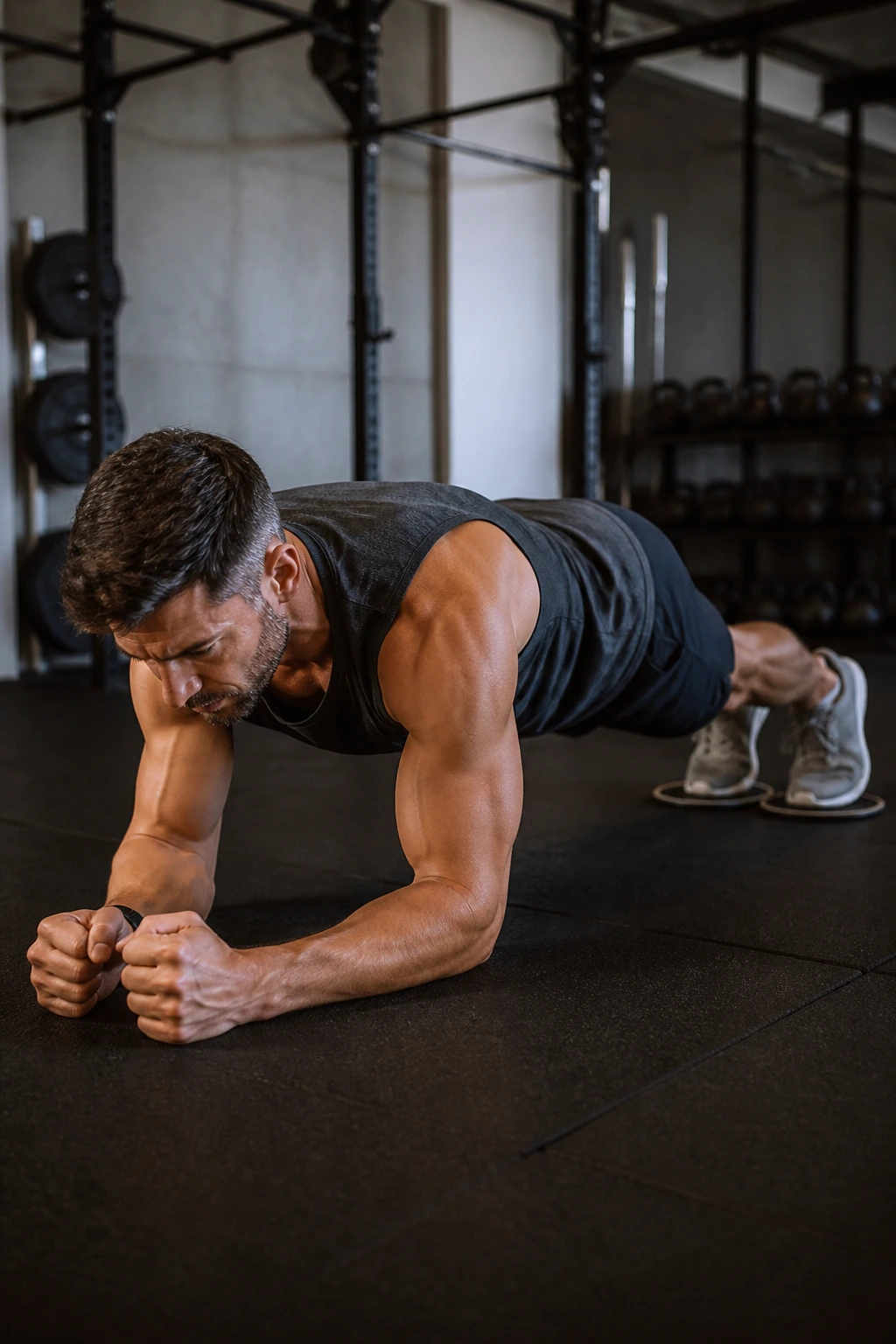 Close-up of a person in forearm plank with feet on gliders performing body saw.
