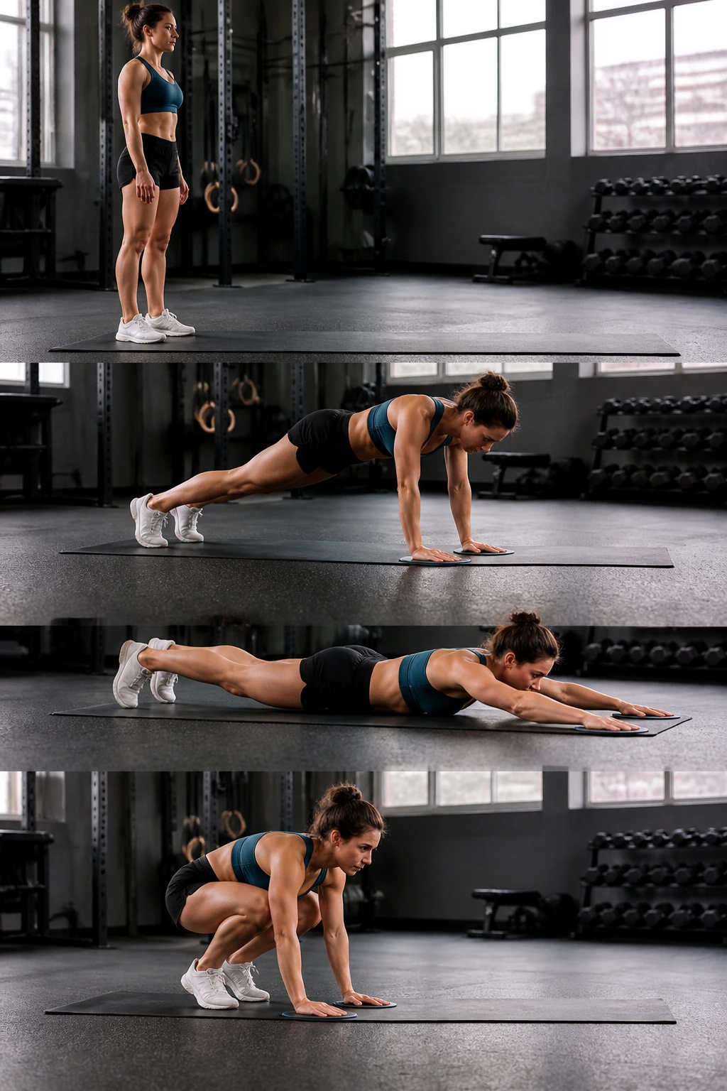Person performing burpee with glider slide-out on gym floor.