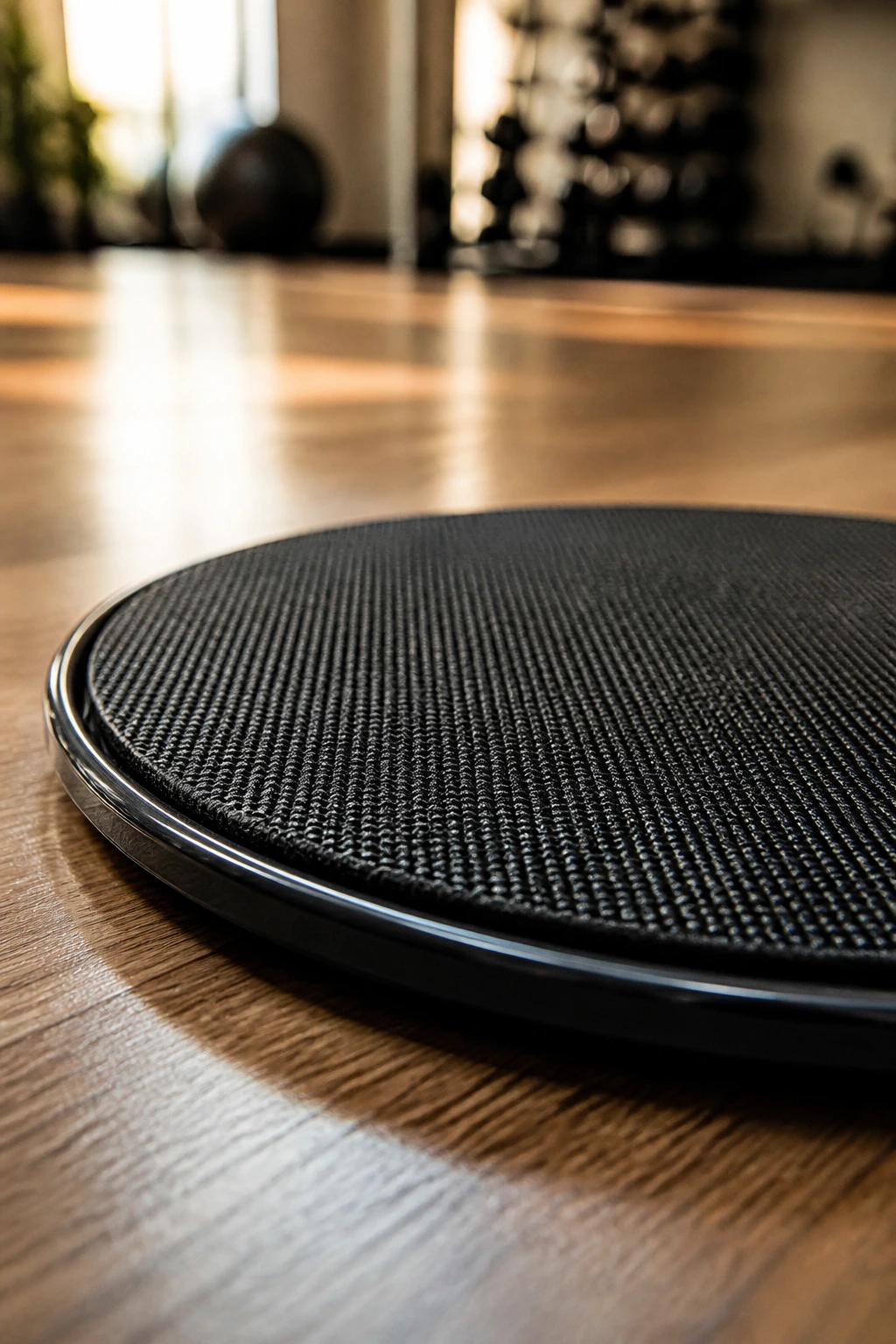 Close-up of a gliding disk on a gym floor