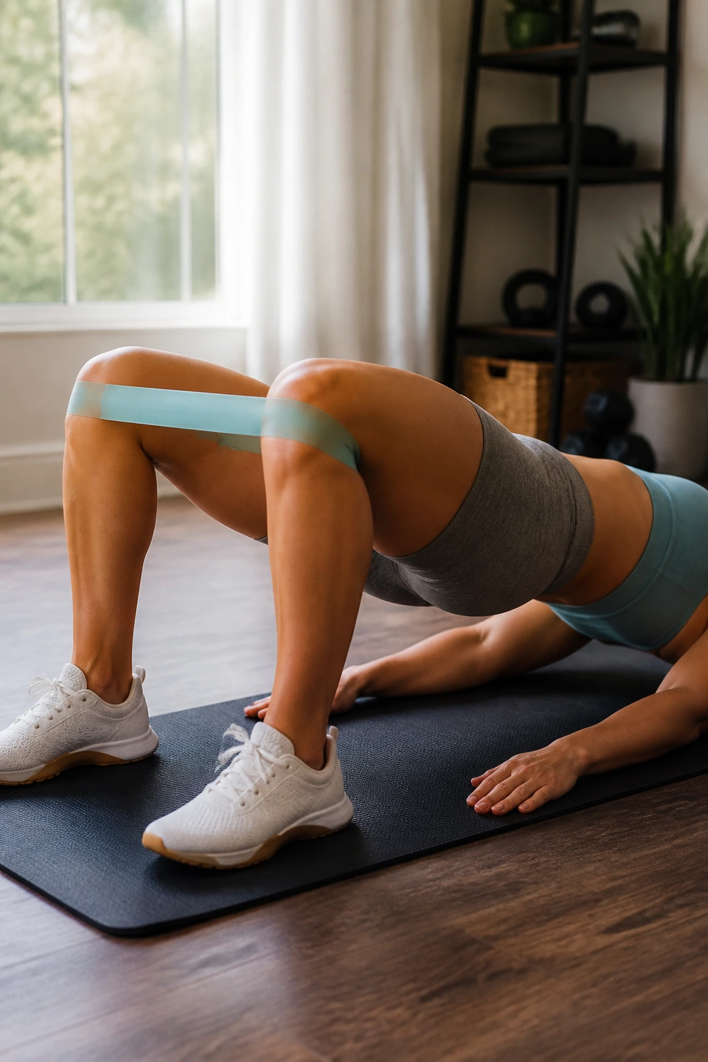 Person in bridge position with outward knee pulses highlighting glute abduction