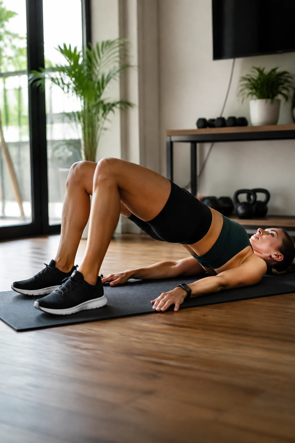 Mid-shot of a person doing a glute bridge on a mat
