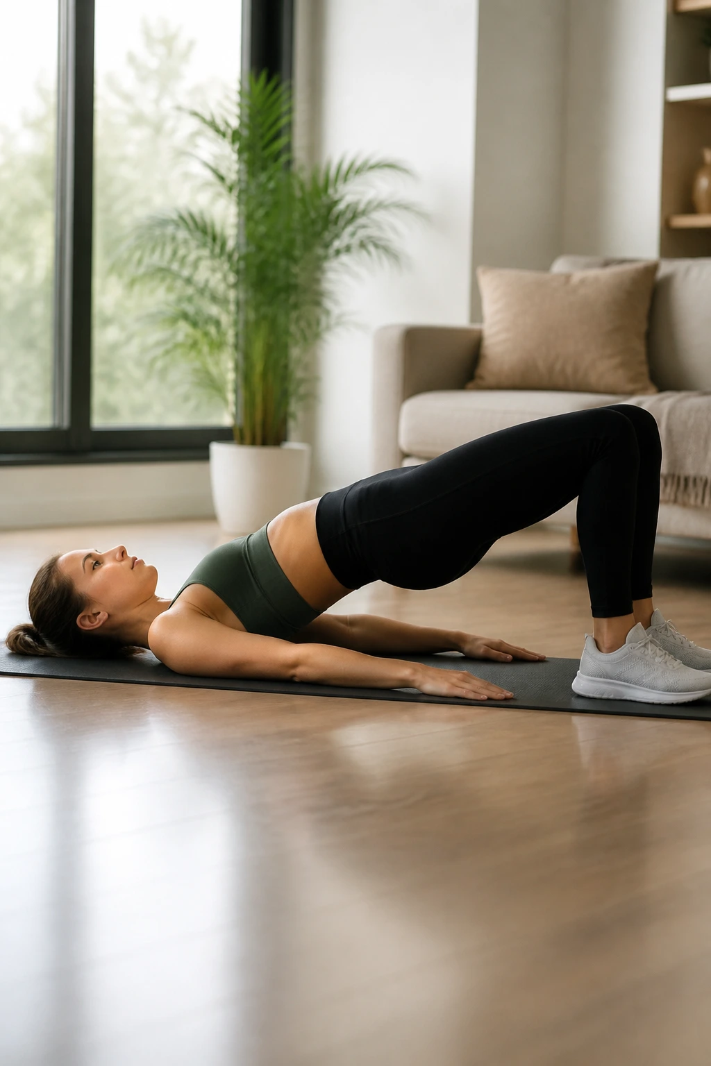 Real person performing a glute bridge with hips raised in a straight line.