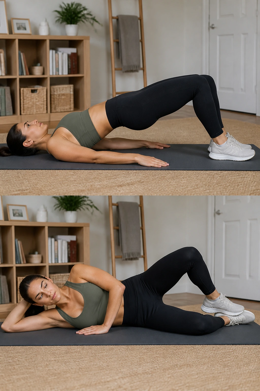 Person performing glute bridge and clam exercise on a mat.