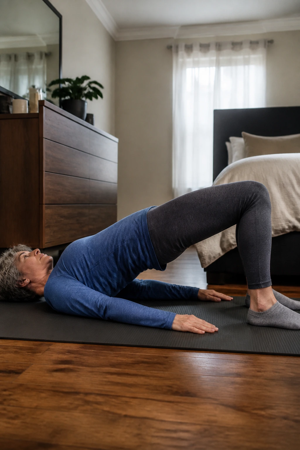 Mid-shot of a person performing a glute bridge on a mat