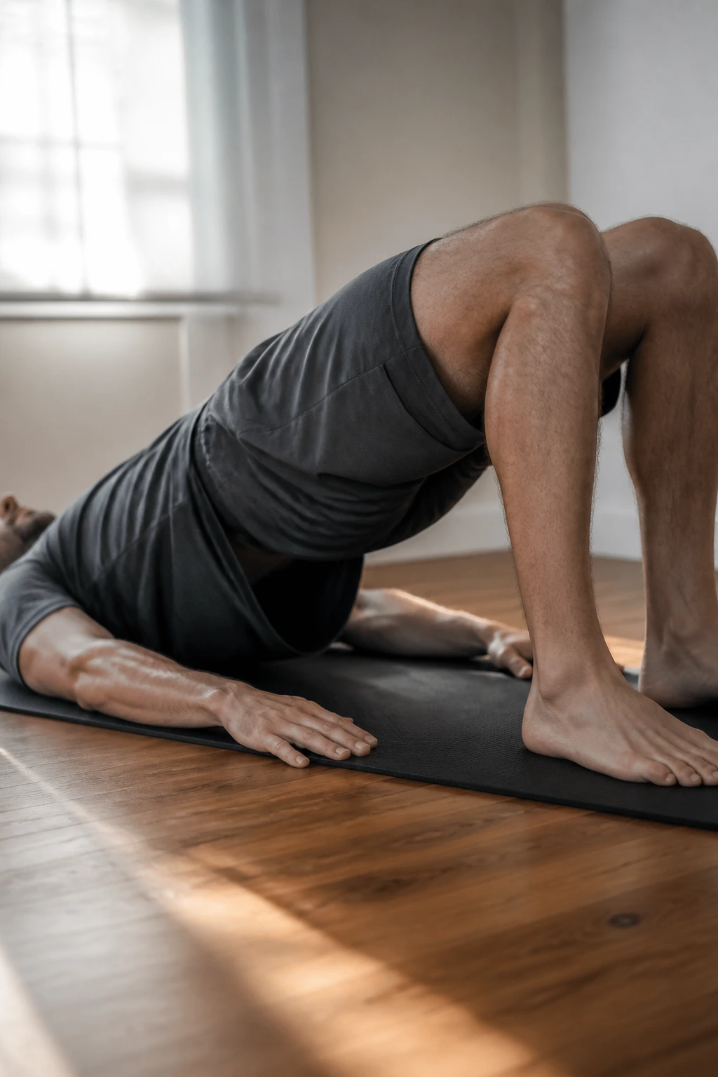 Close-up of a person performing glute bridges on a mat