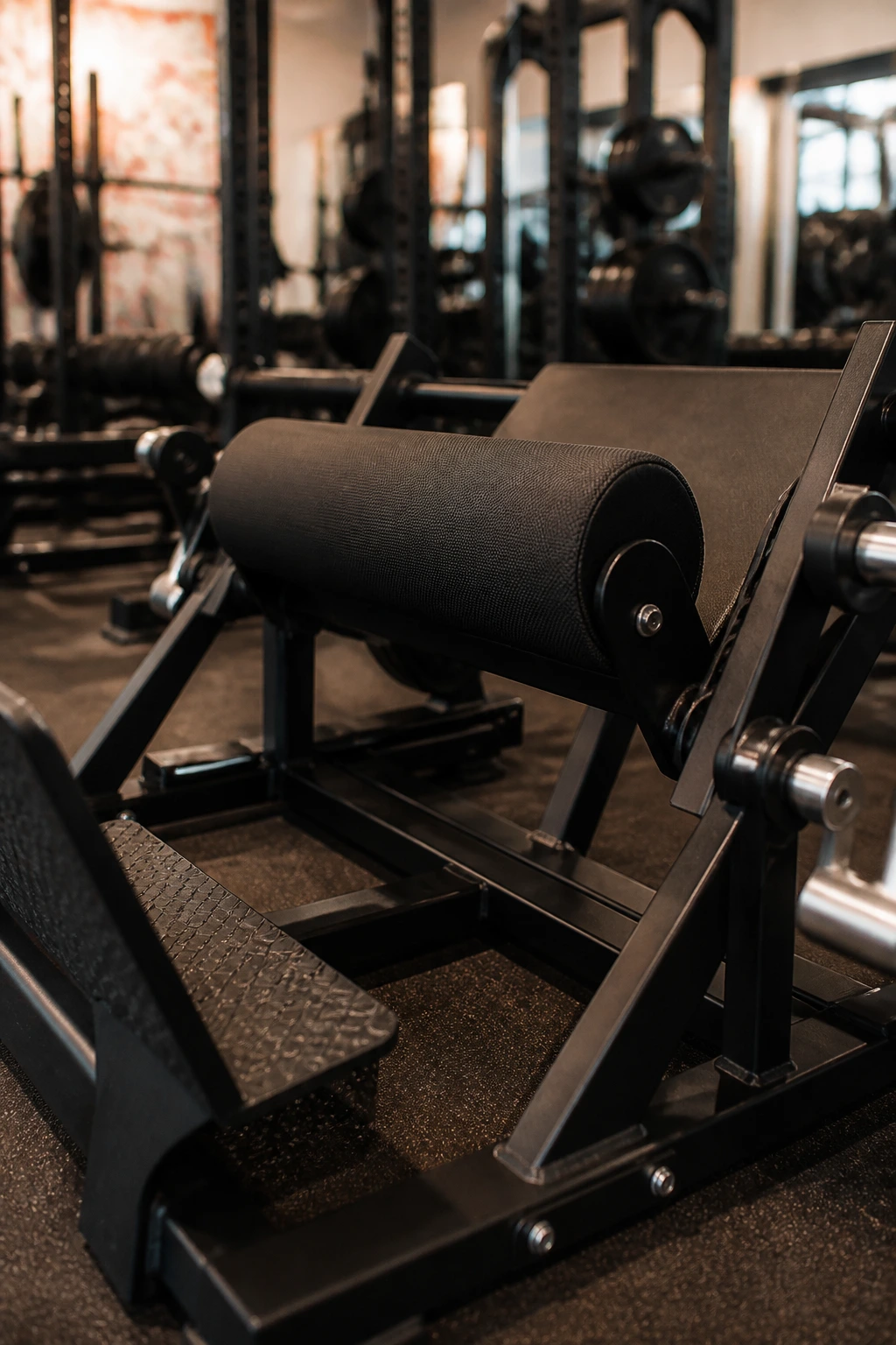 Close-up of glute bridge hip thrust machine pad in gym, dominant machine with no text