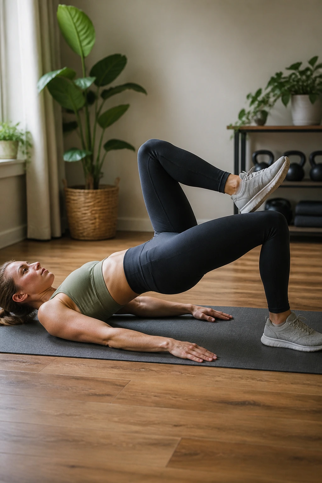 Close-up of a person in a glute bridge with marching leg