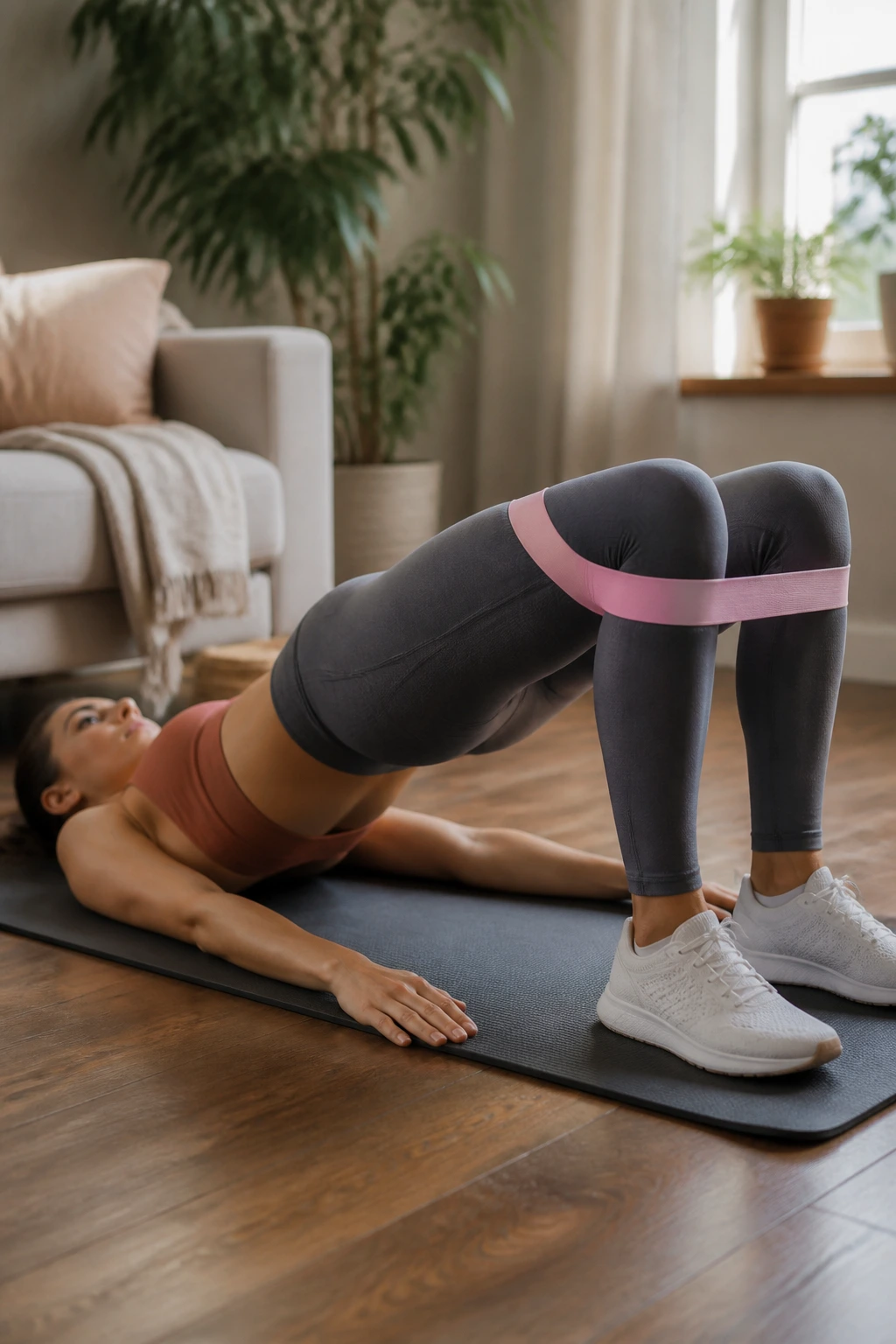 Person performing a banded glute bridge on a mat with a mini band above the knees in a home workout setting.