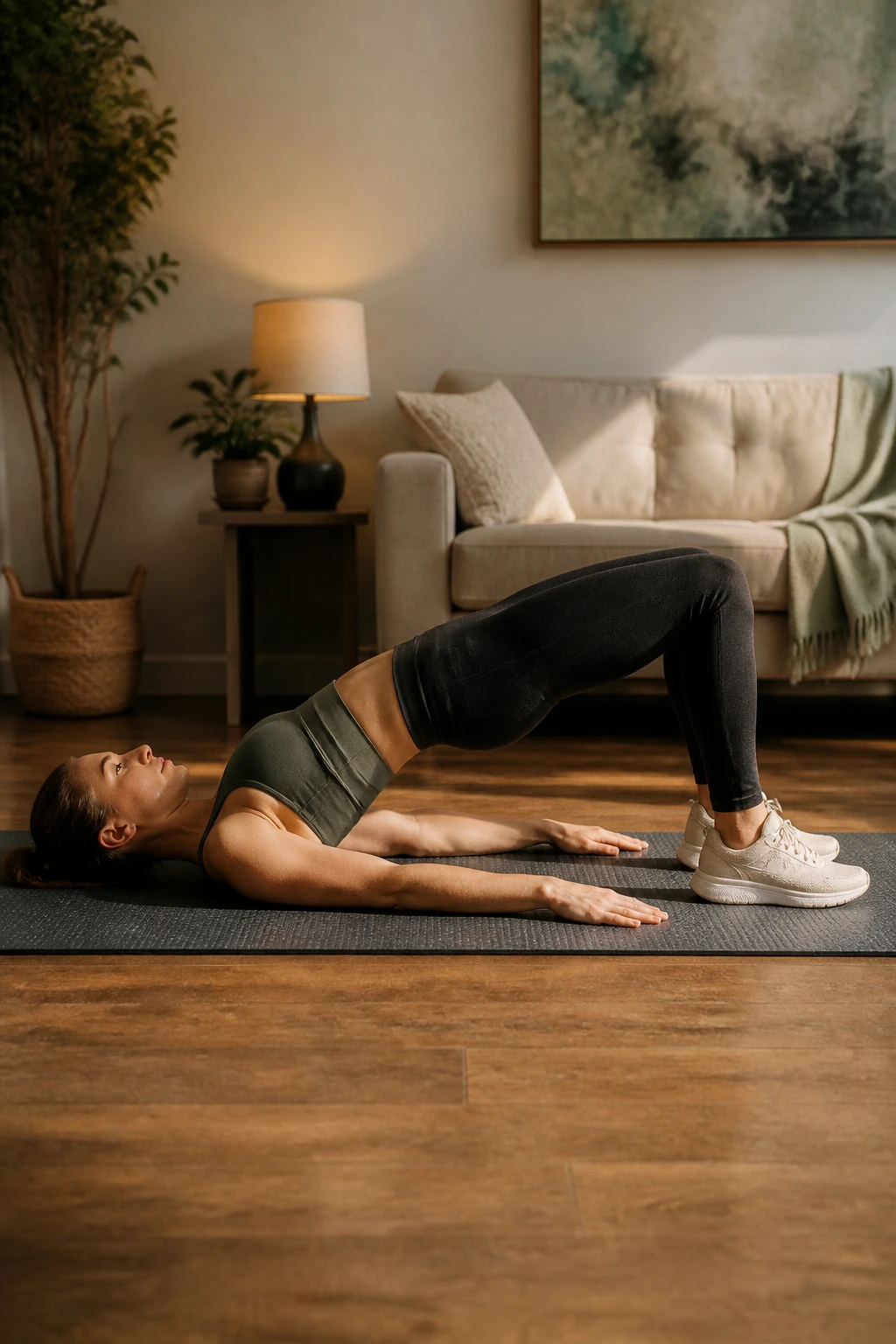 Person performing a glute bridge with hips raised and spine neutral on a home mat