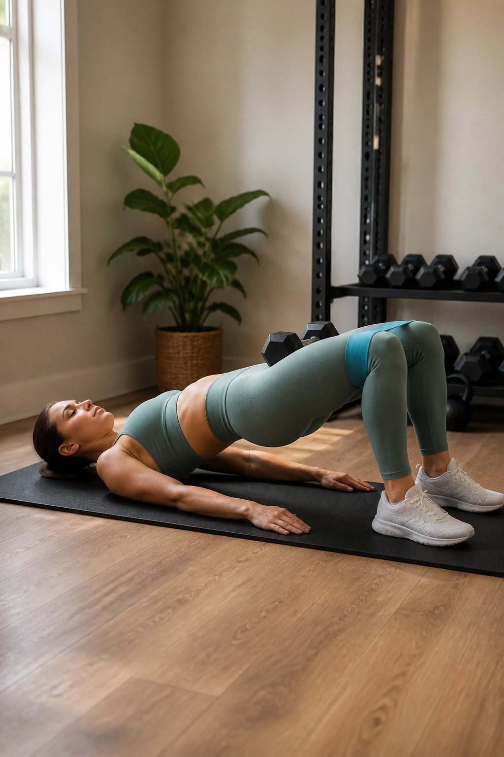 Real person performing a weighted glute bridge with band and dumbbell in a home gym