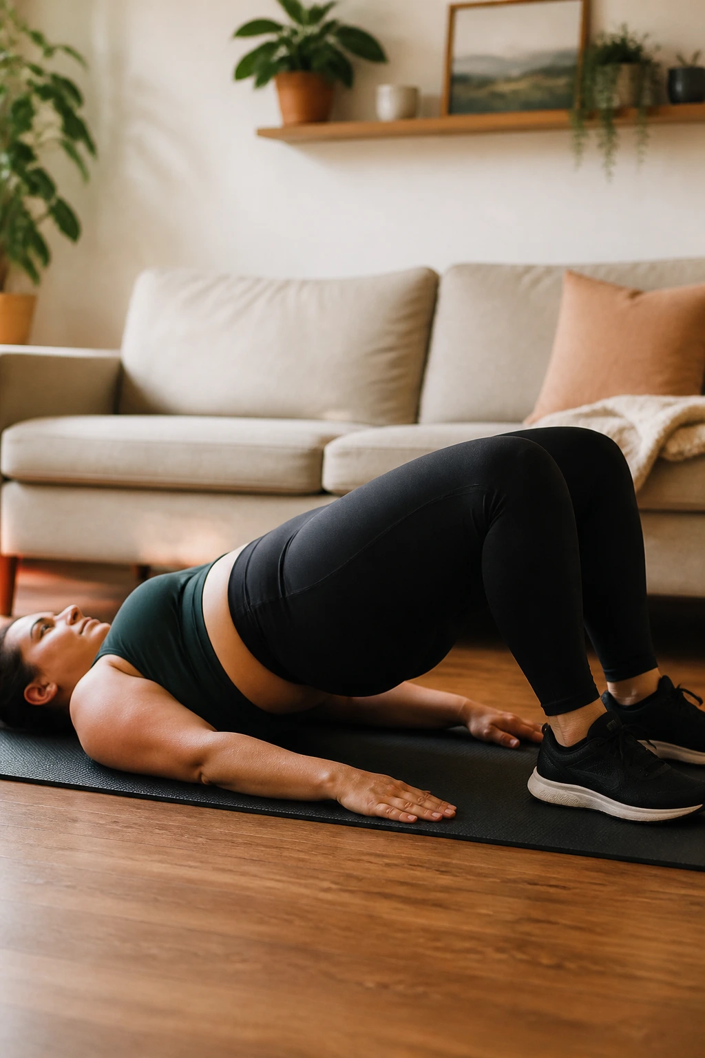 Person on floor performing a glute bridge on a mat