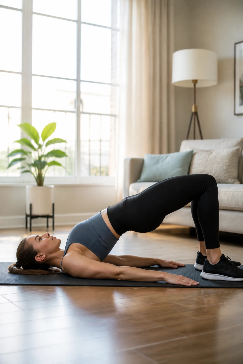 Real person performing glute bridge on a mat with hips lifted