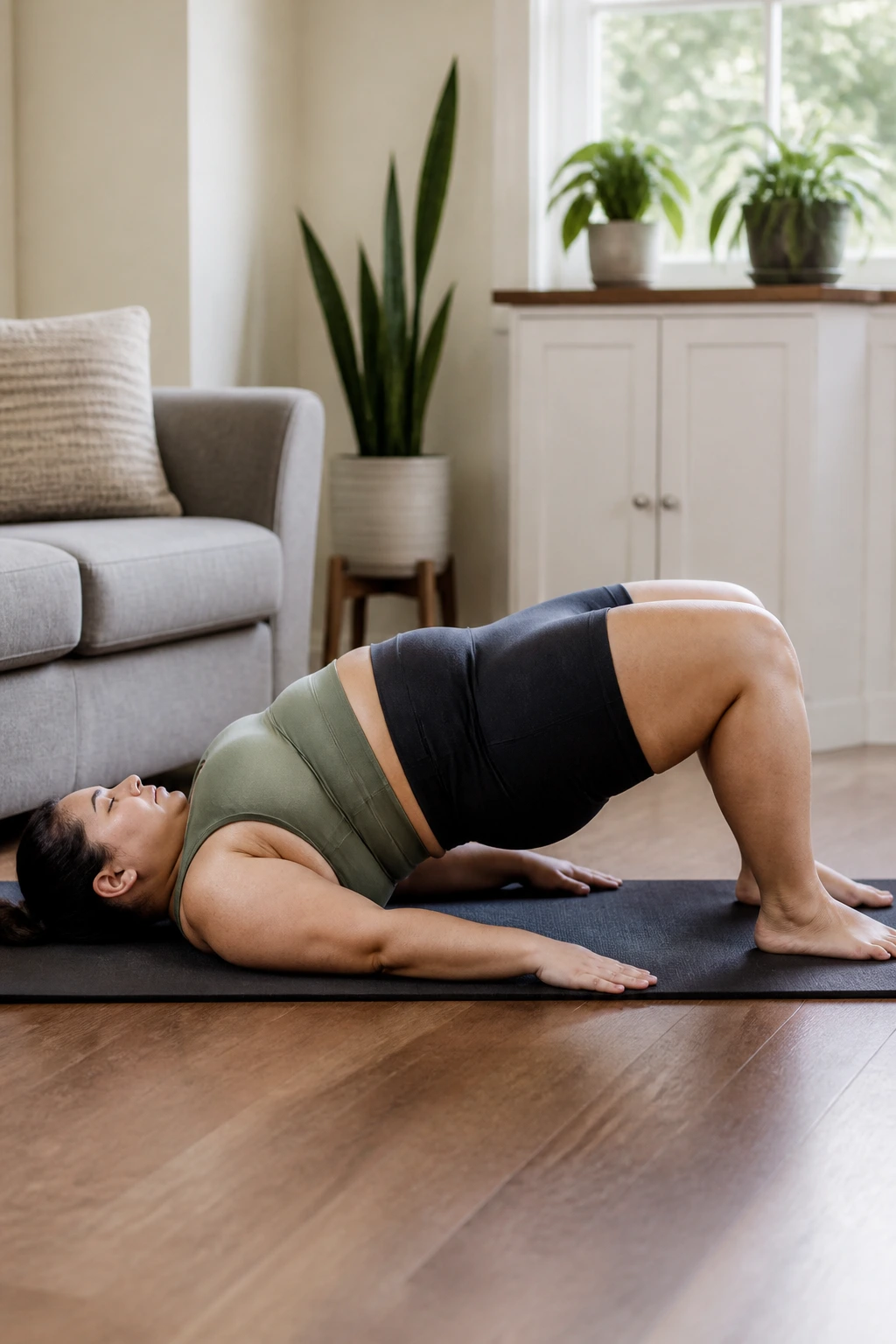 Person on mat performing glute bridge with hips lifted in a home setting.