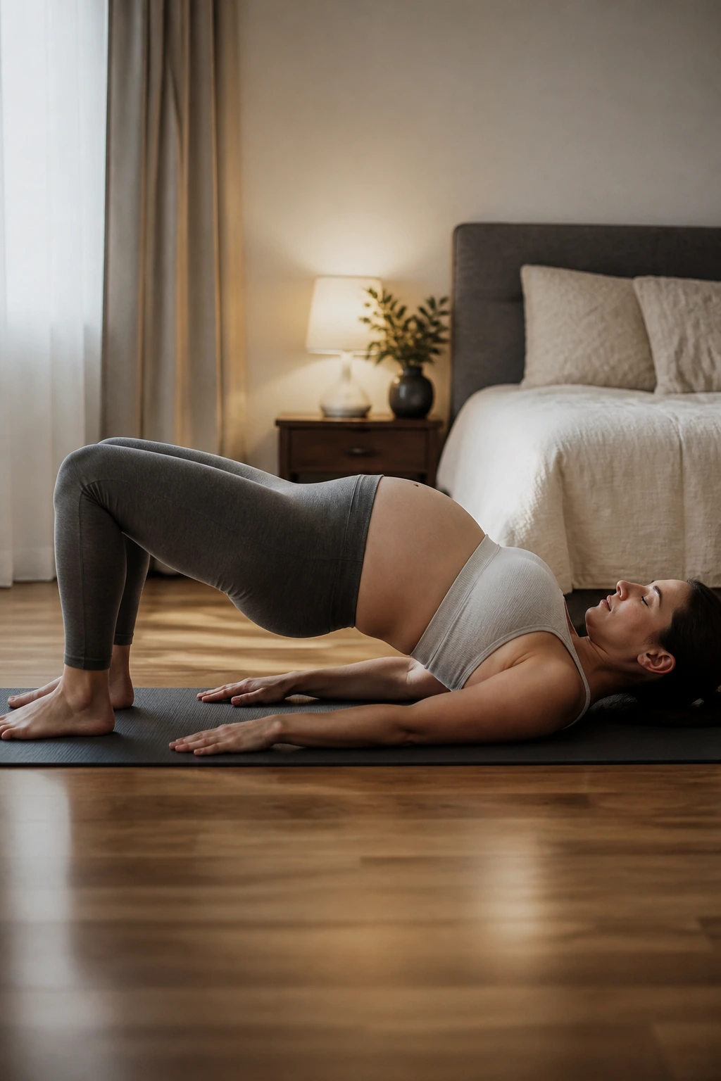 Pregnant person performing glute bridges on a mat