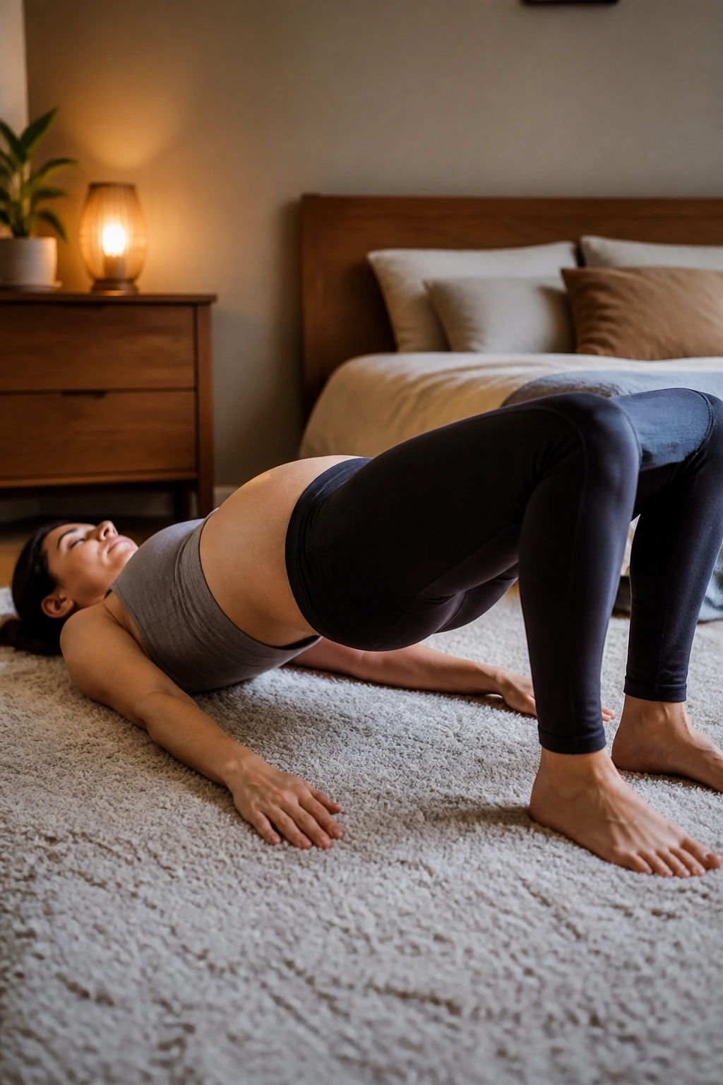 Medium-close photo of a person performing glute bridge on a rug