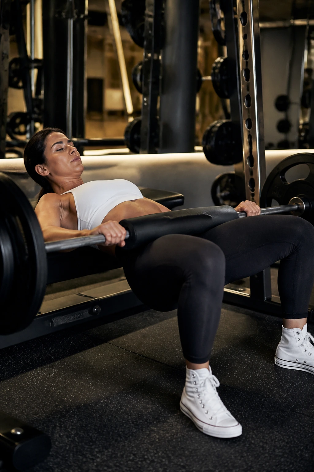 Medium shot of a person performing a Smith machine glute bridge with bar across hips