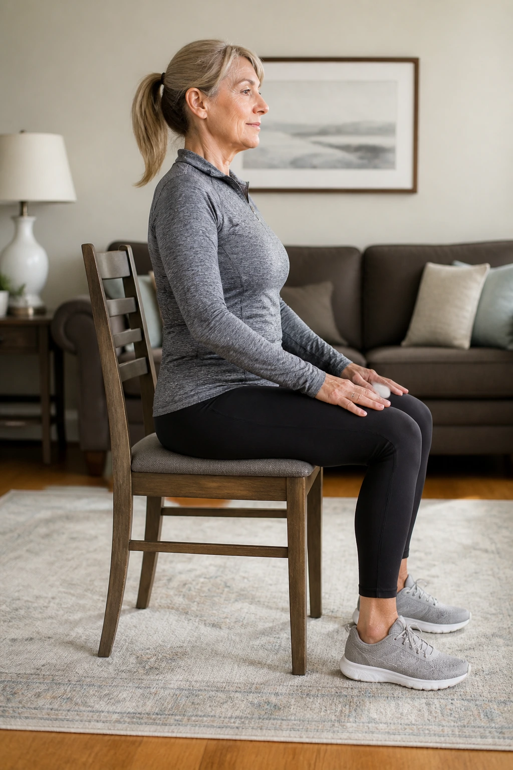 Real person performing glute squeeze hold standing or seated with visible glute contraction