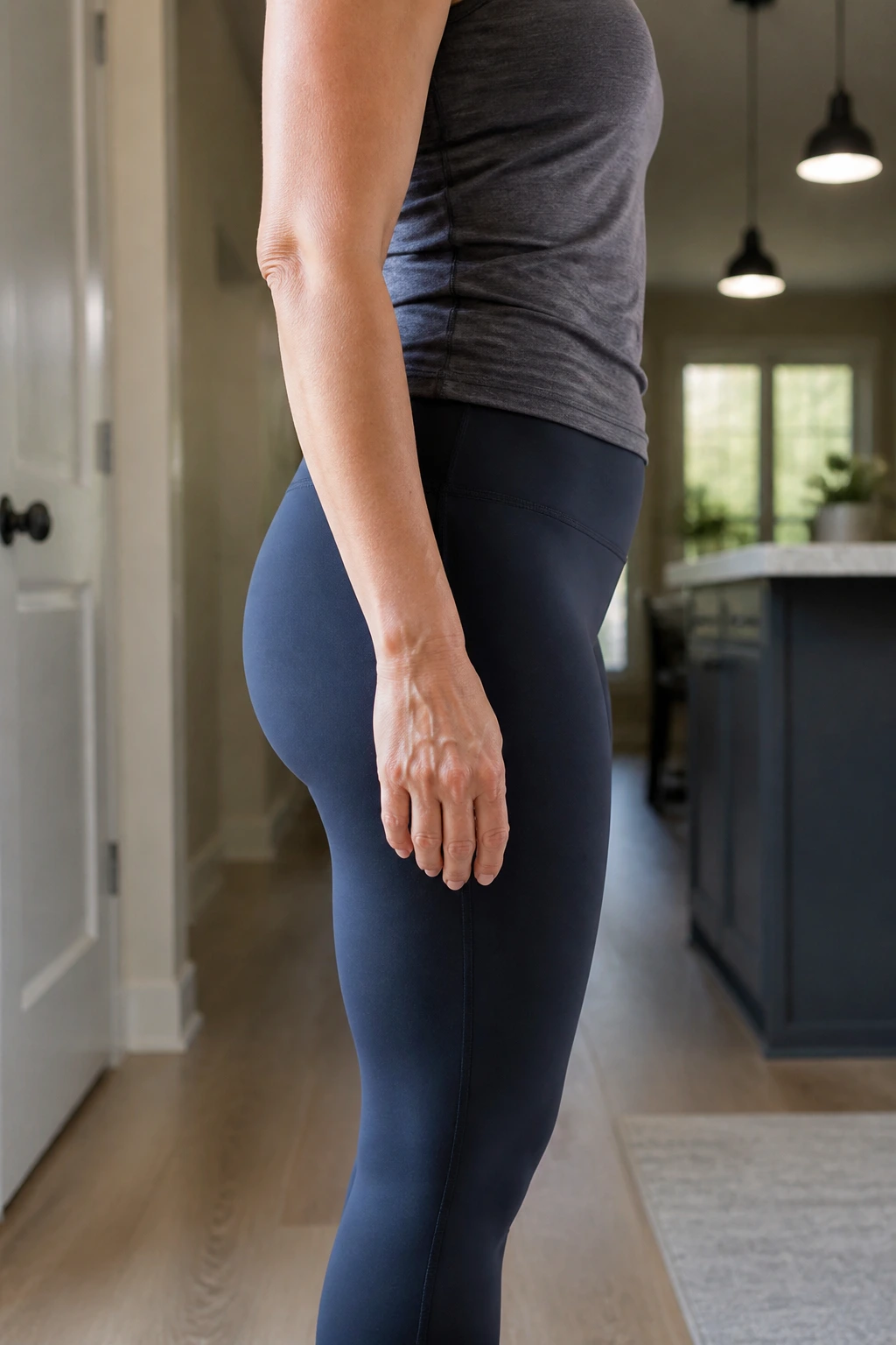 Side profile of a real person performing a glute squeeze hold at home.