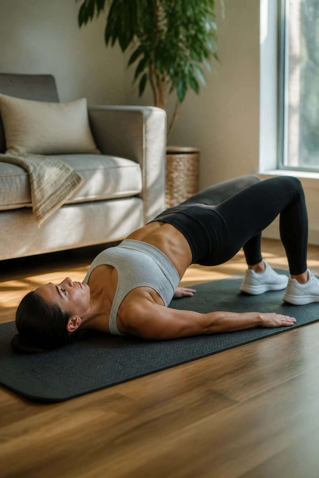 Close-up of a person performing a glute bridge on a mat at home.
