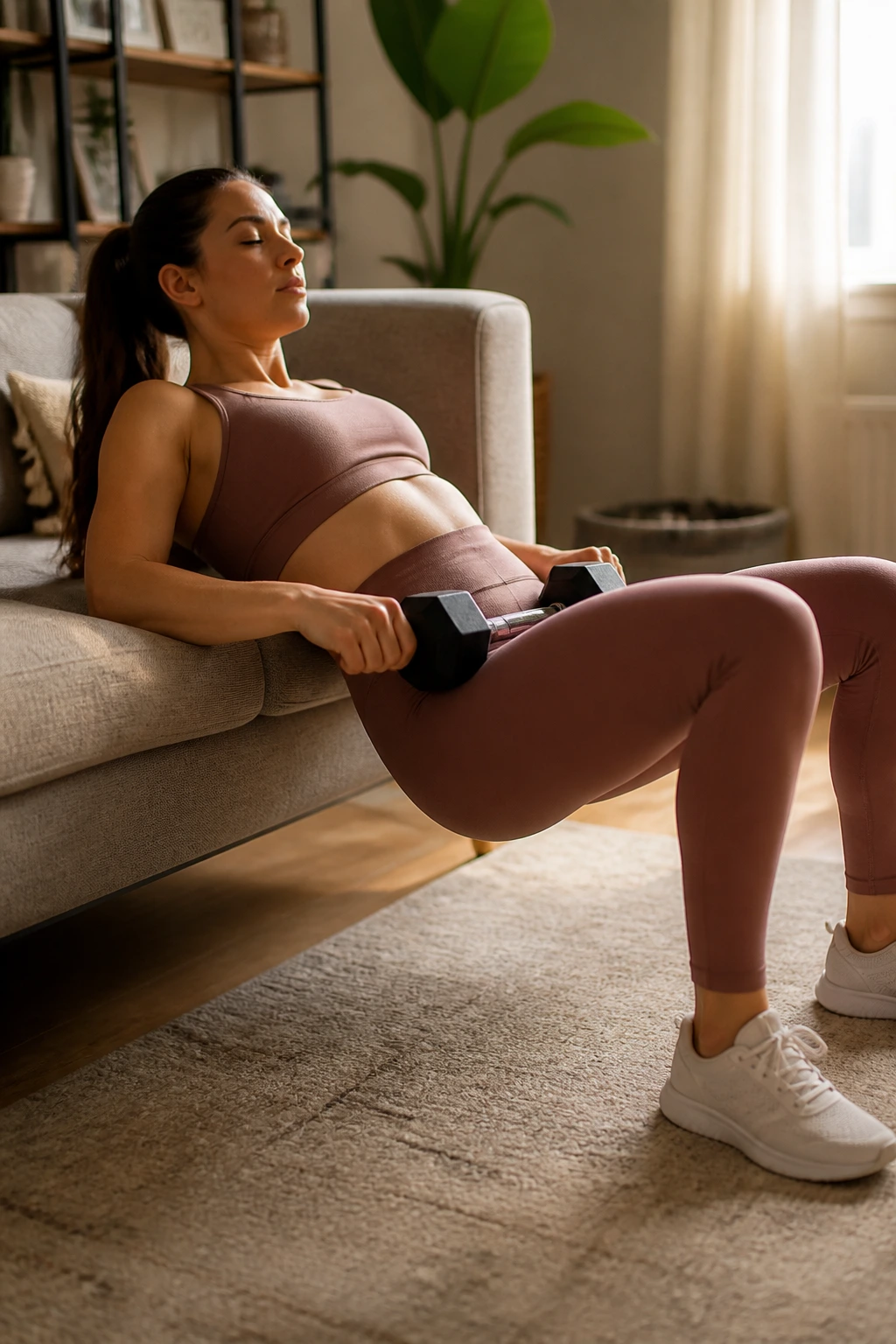 Woman performing hip thrust on a couch in a warm living room