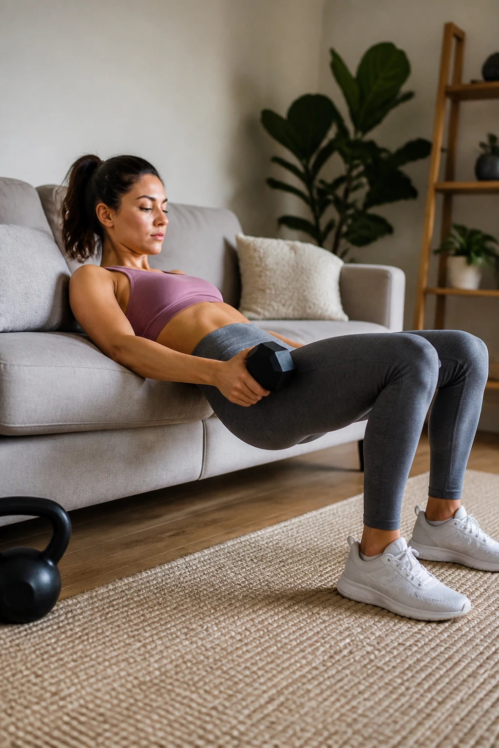 Medium close-up of a woman performing hip thrusts on a couch at home