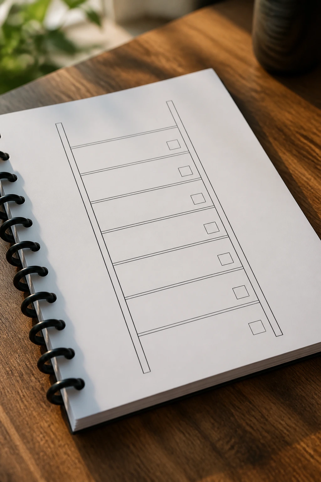 Close-up of an unlabeled ladder diagram for fitness goals on a wooden desk