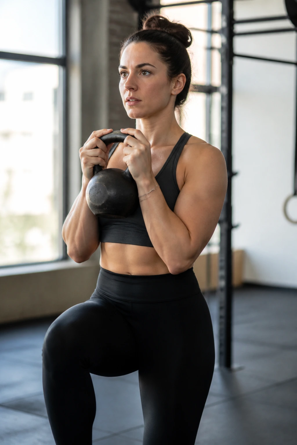 Torso-focused goblet march with kettlebell at chest