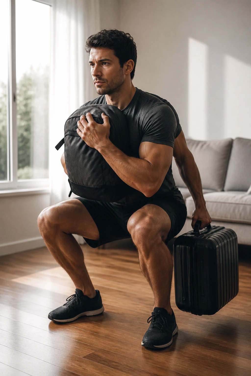 Person performing goblet squat with backpack in home setting