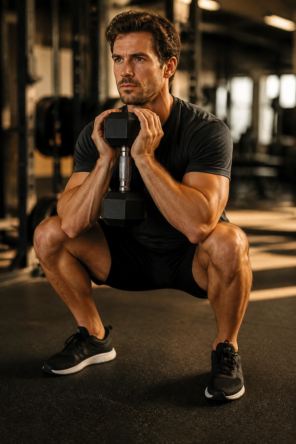 Athlete performing goblet squat in gym during density ladder workout