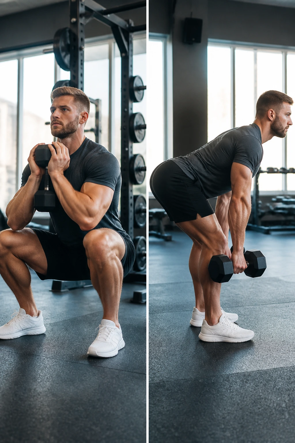 Split-screen goblet squat and dumbbell Romanian deadlift performed by real athletes