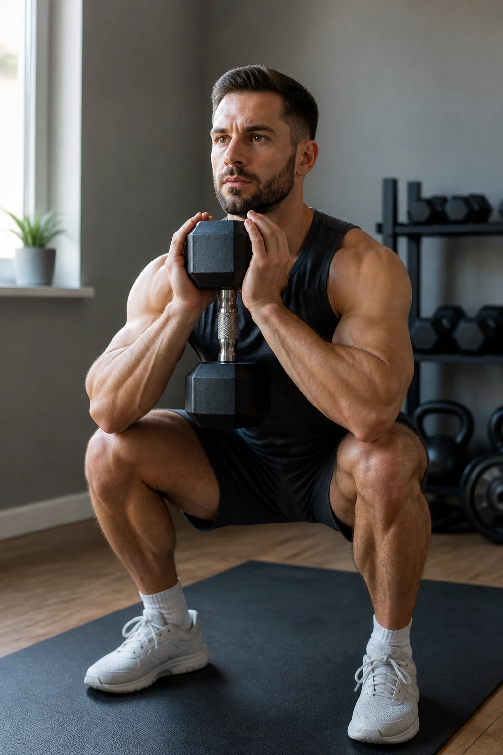 Medium close-up of person performing goblet squat with dumbbell in home gym.