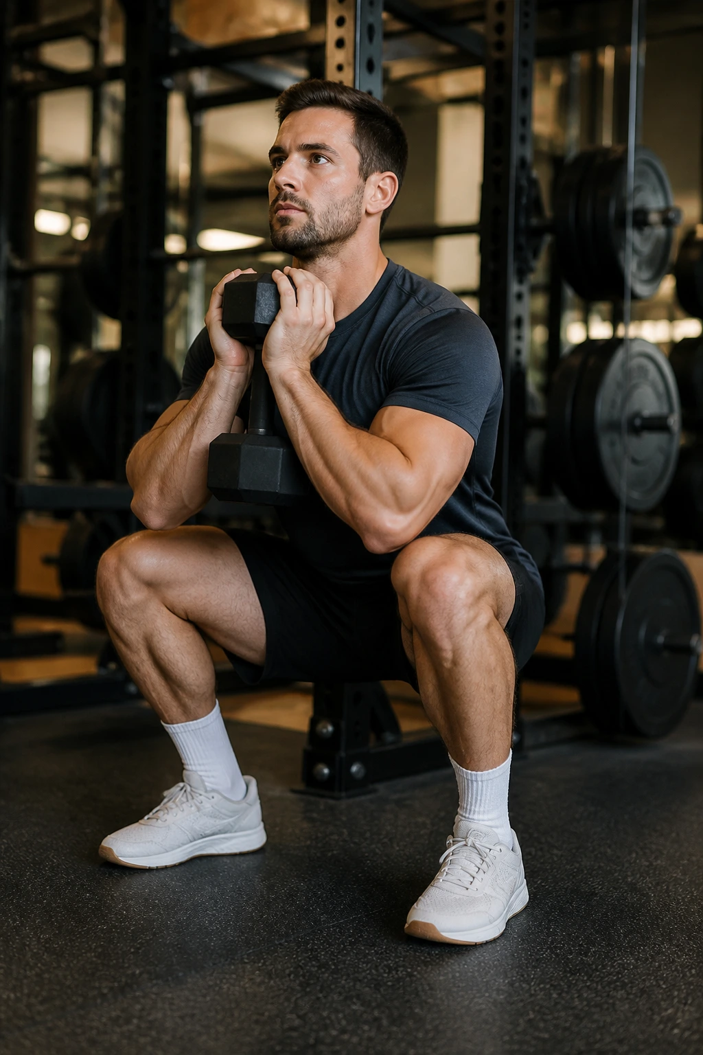 Lifter performing goblet squat for hypertrophy EMOM