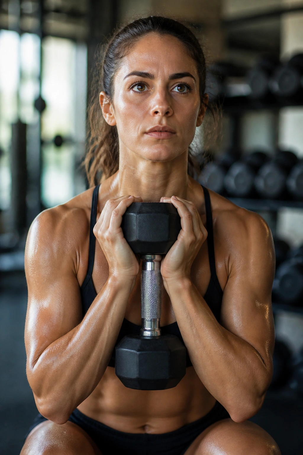 Close-up of a woman performing a goblet squat with dumbbell at chest in a gym