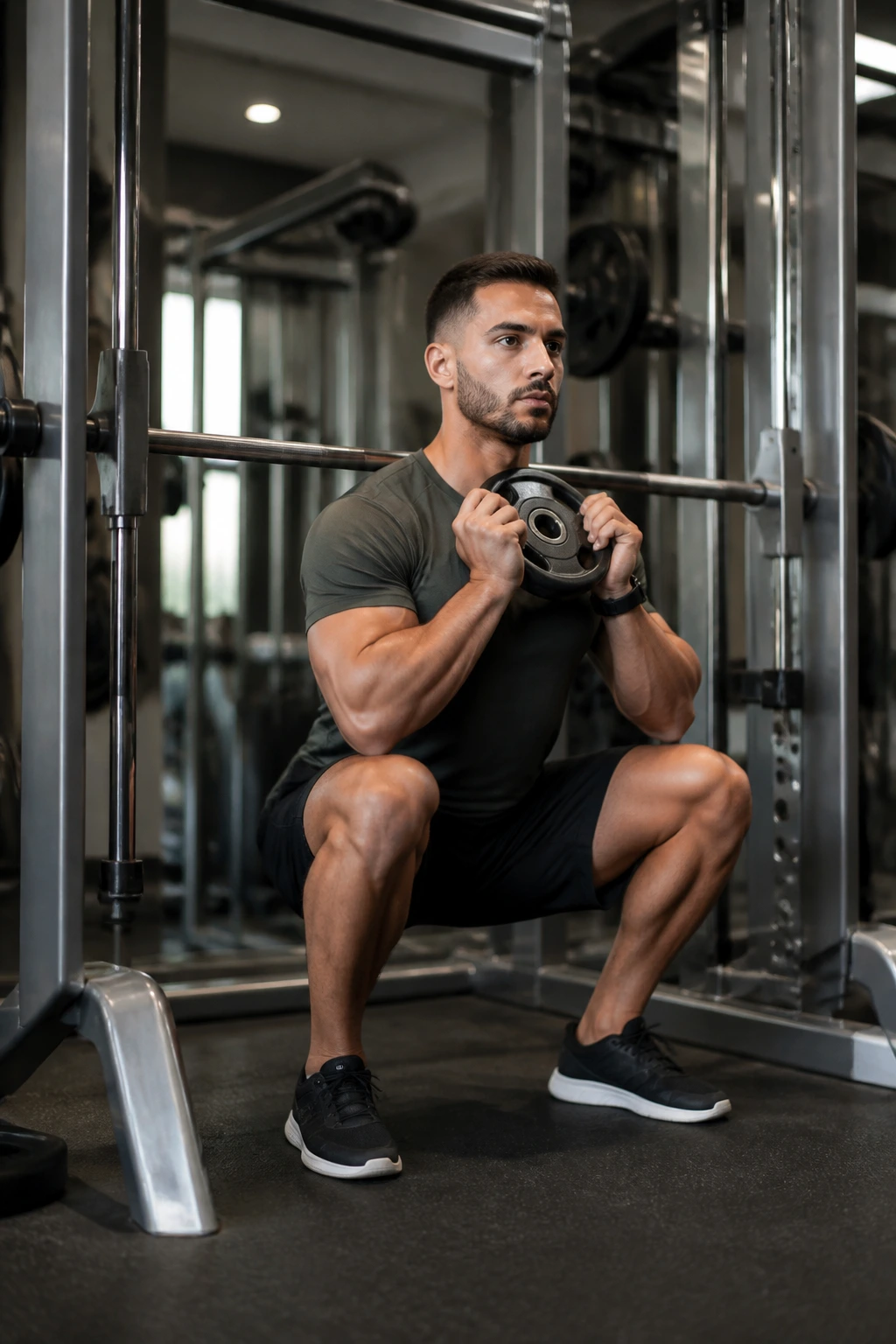 Person performing goblet squats with a plate under a Smith machine in a gym