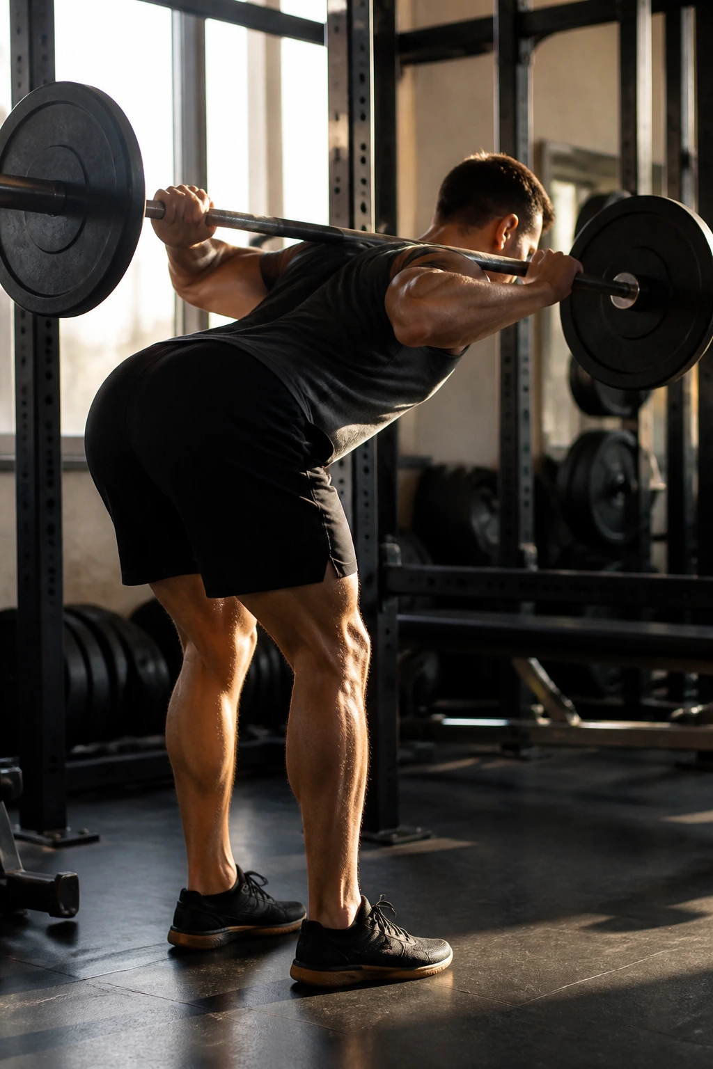 Close-up of lifter performing Good Morning with barbell in gym