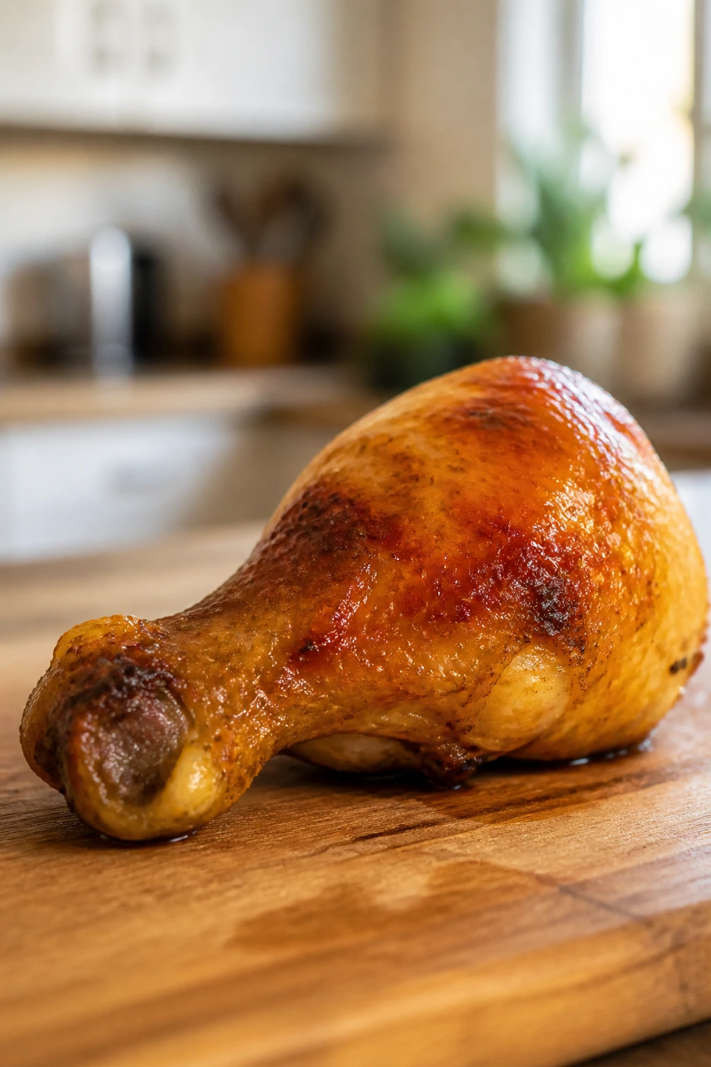 Close-up of rotisserie chicken drumstick on a wooden board, grab-and-go protein