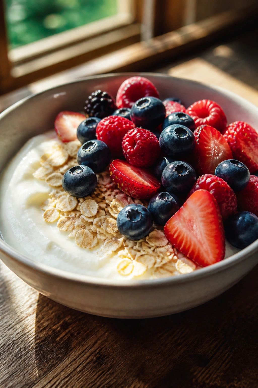Close-up of a bowl with Greek yogurt, oats, and berries in morning light