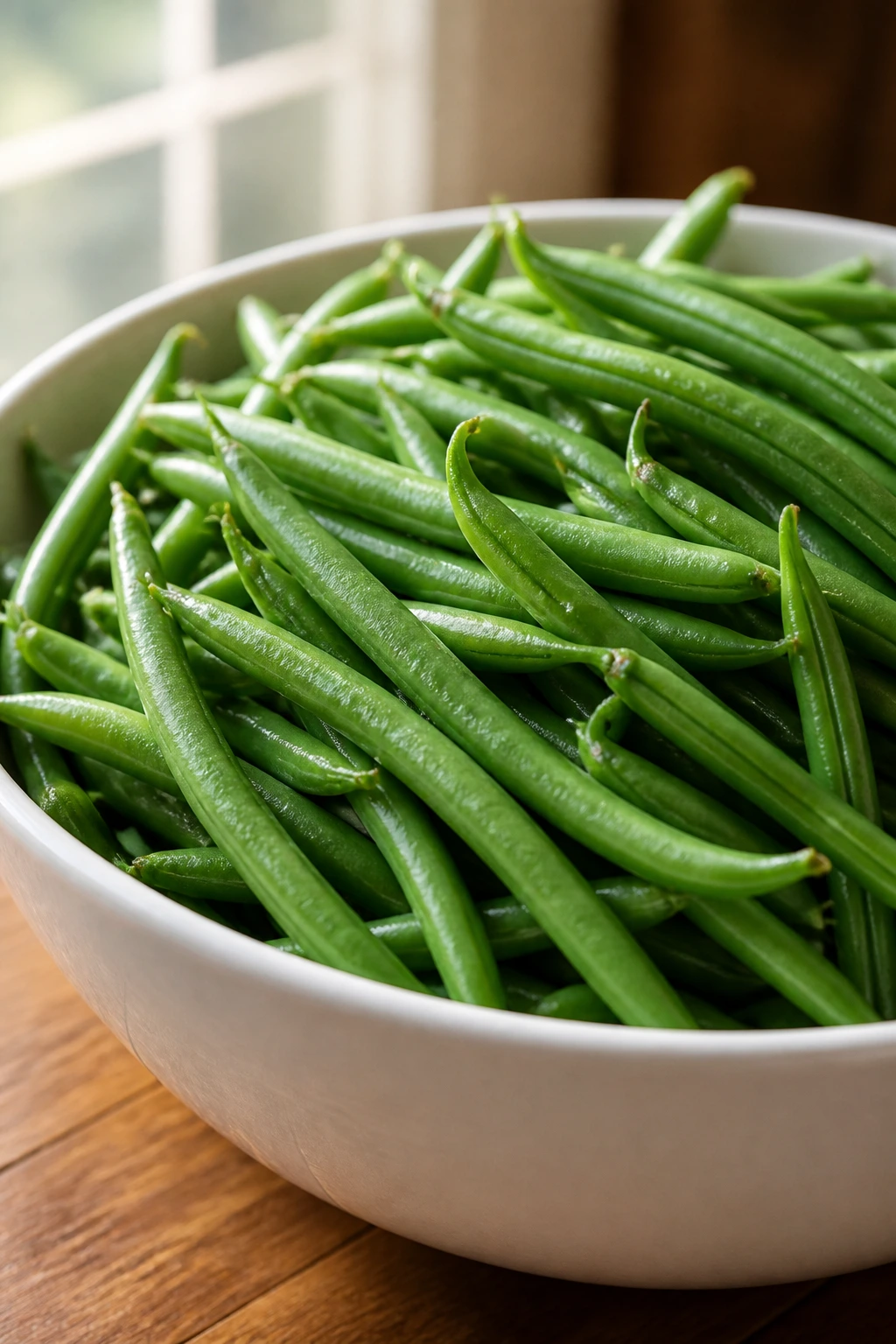 Bright green beans piled in a white bowl on a wooden table