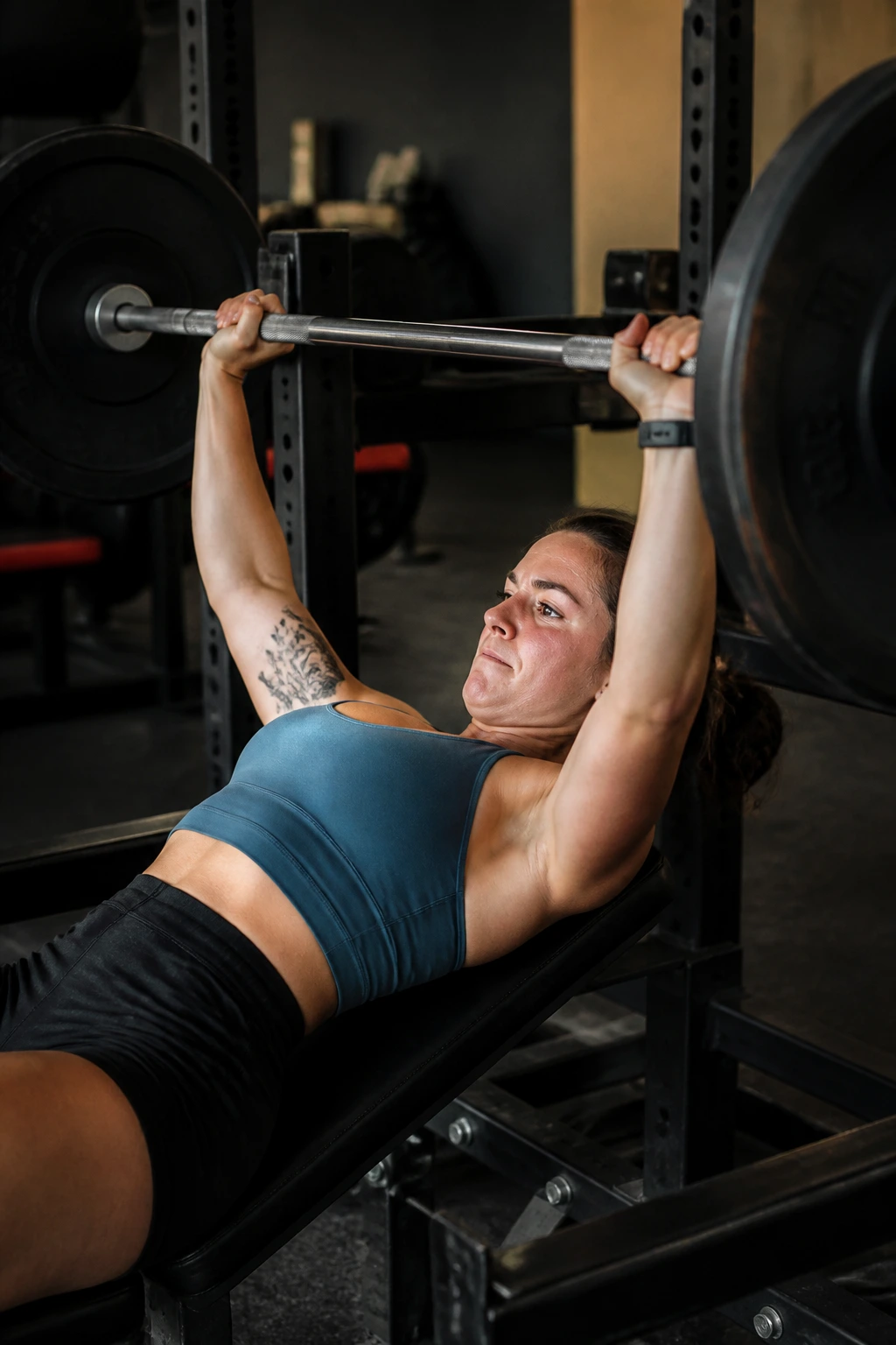 Female lifter finishing last rep on bench press in gym