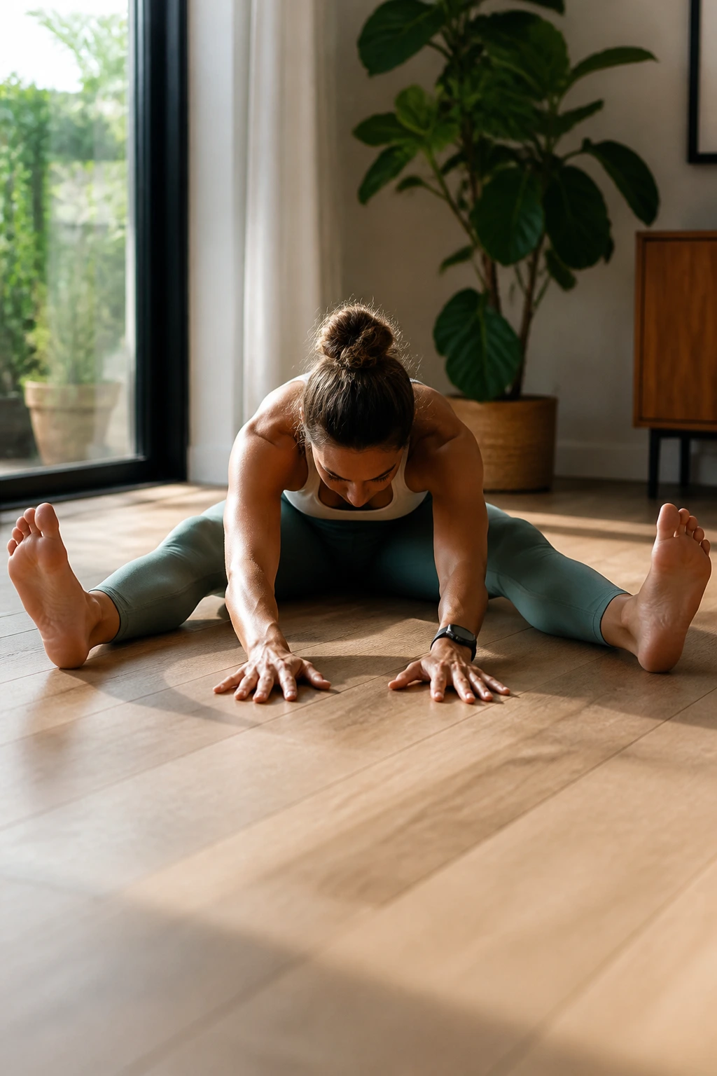 Person seated with legs wide, reaching forward in a seated wide-leg forward fold.