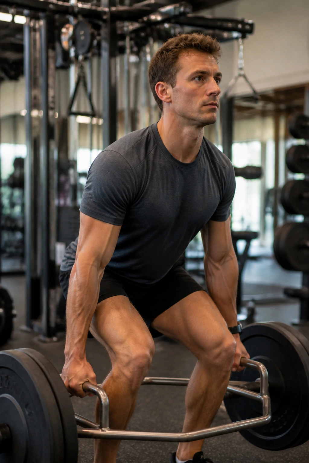 Athlete performing trap bar deadlift in a well-equipped gym