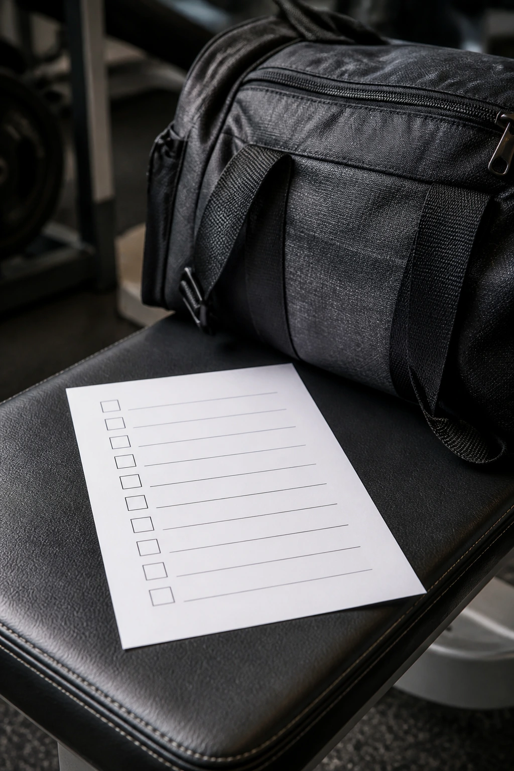 Close-up of a gym pre-workout checklist page with empty checkboxes on a bench